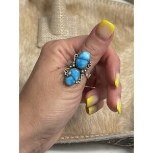 Native American 925 SW Sterling Silver Ice Blue Dahlia Double Stone Ring Adjust